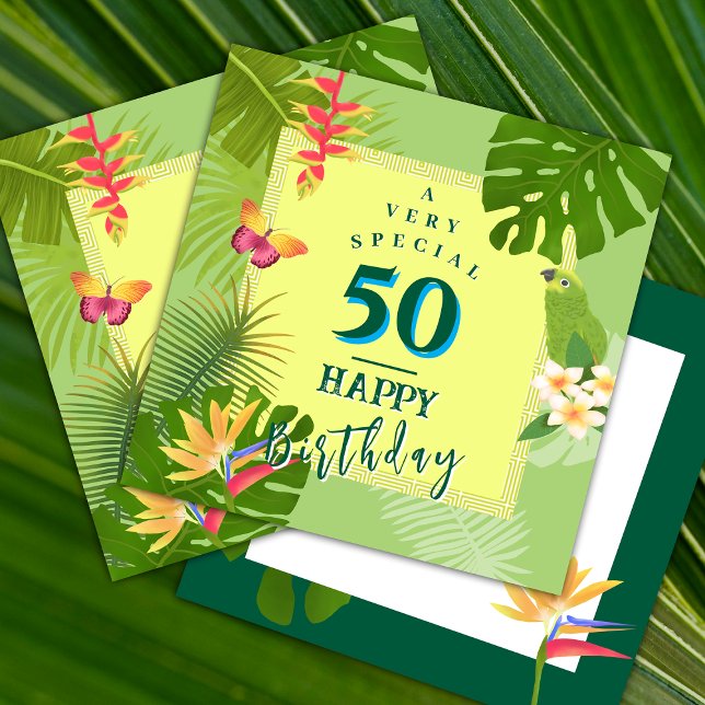 Tropiskt paradis Årlig grön födelsedags kort (Tropical Paradise Birthday  Square Card.)