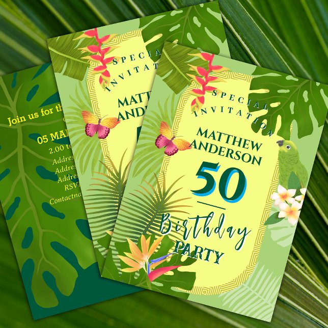 Tropiskt Paradis Årlig Grön Födelsedagsinbjudan Julkort (Tropical Paradise Invitation card.)