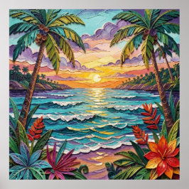 Tropiskt paradis | Kustnära strand scen impasto Poster