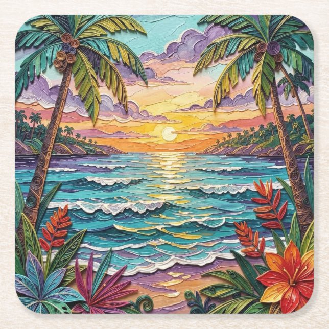 Tropiskt paradis | Kustnära strandscen Impasto Underlägg Papper Kvadrat (Framsidan)