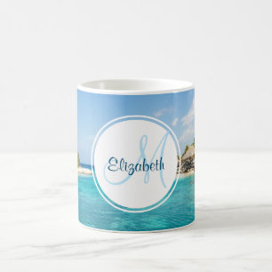 Tropiskt persiko med tunna huts-monogram kaffemugg