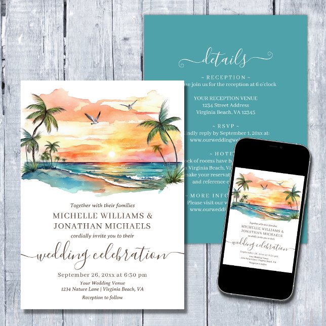 Tropiskt persikofärgat persikofärgat i ena Bröllop Inbjudningar (Printed (Front and Back) and Digital - Tropical Beach Palm Trees All in One Wedding Invitation)