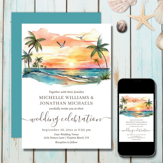 Tropiskt persikofärgat solnedgång Bröllop Inbjudningar (Printed (Front and Back) and Digital - Tropical Beach Palm Trees Destination Wedding Invitation)