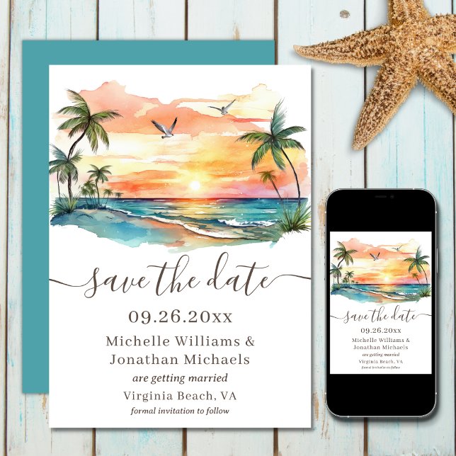 Tropiskt persikofärgat solnedgång Bröllop Spara Datumet (Printed and Digital - Watercolor Tropical Beach Sunset Wedding Save The Date)