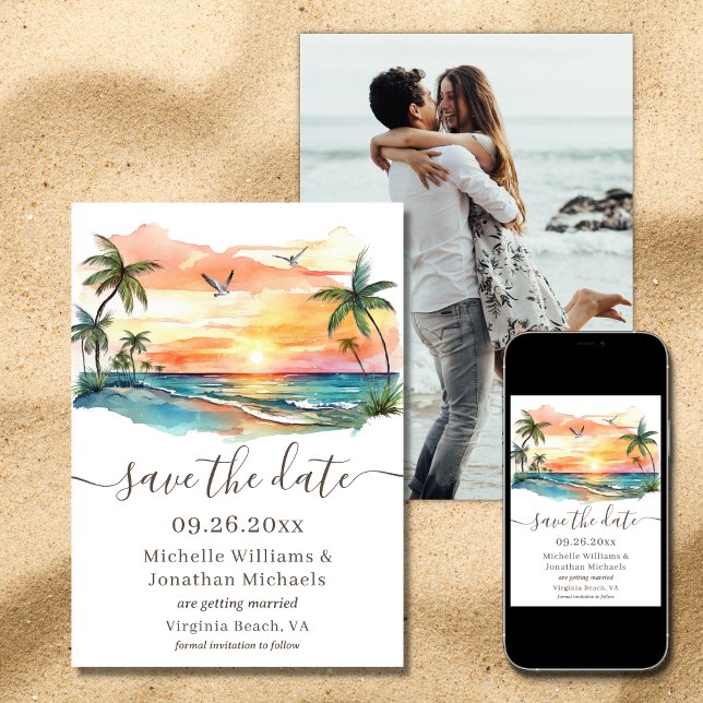 Tropiskt persikofärgat solnedgångsfoto Bröllop Spara Datumet (Printed and Digital - Watercolor Tropical Beach Sunset Photo Wedding Save The Date)