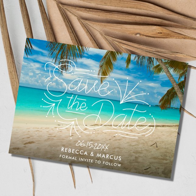 Tropiskt persikofoto Bröllop spara datum Datumet (Tropical Beach Photo Wedding Save the Date)