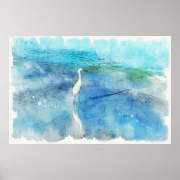 Tropiskt persikor i Teal Aqua Turcoise Blue med Wh Poster