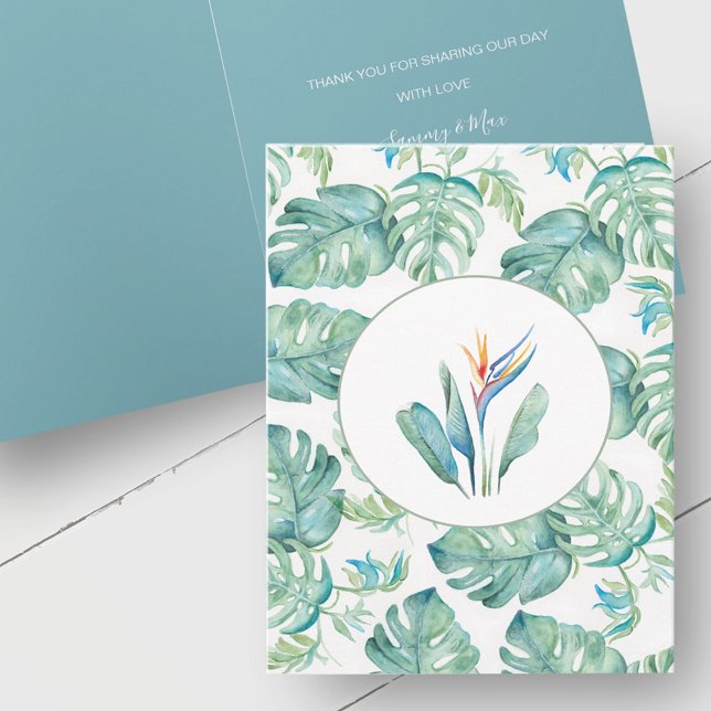 Tropiskt Personligt bröllp tackkort (Tropical wedding thank you cards watercolor botanical art by Victoria Grigaliunas Do Tell A Belle)