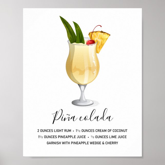 Tropiskt Piña Colada Cocktail Recept Konst Poster (Framsidan)
