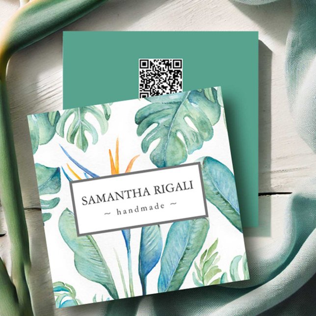 Tropiskt QR-Affärskort - Tropiskt blomning Tilläggskort (Business cards tropical floral and monstera palm leaf watercolor art by Victoria Grigaliunas)