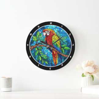 Tropiskt radians" - Målat glas Macaw Stor Klocka