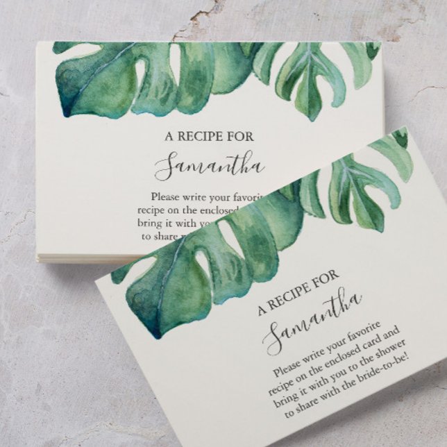 Tropiskt recept på briden tilläggskort (Bridal shower invitations inserts recipe for the bride watercolor monstera leaves)