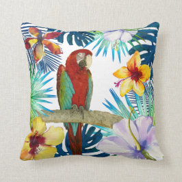 Tropiskt Red Macaw Parrow Gult Teal Blommigt Beach Kudde