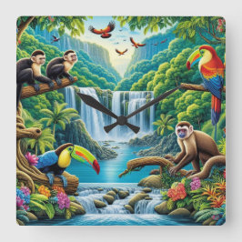 Tropiskt regnskogs vattenfall fyrkantig klocka