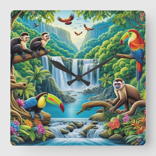 Tropiskt regnskogs vattenfall fyrkantig klocka (Framsida)