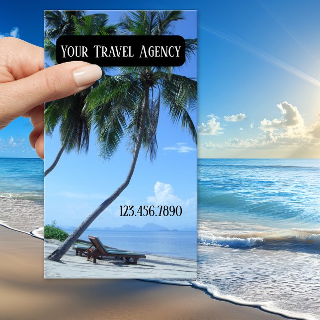 Tropiskt resebyrå-kort visitkort (Business card featuring a palm tree at the beach - travel agency - travel - tropical - beach)