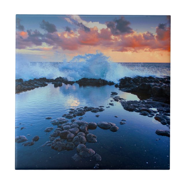 Tropiskt Rocky Beach Sunset Sea Wave Kakelplatta (Framsidan)
