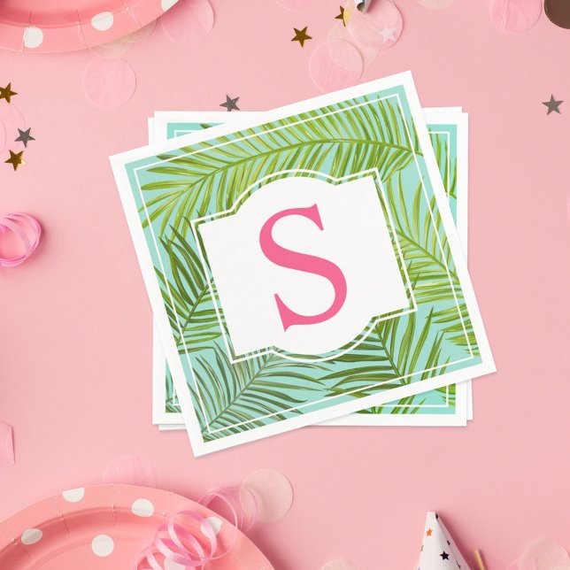 Tropiskt Rosa Aqua Grönt Handflatan Lövs Monogram Pappersservett (Skapare uppladdad)