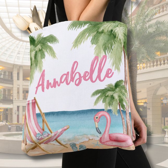 Tropiskt Rosa-block av typen Cute Girly Tygkasse (Cute Watercolor Tropical Beach Tote Bag)