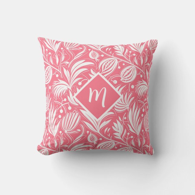 Tropiskt rosa blommönster diamantmonogram kudde (Framsida)