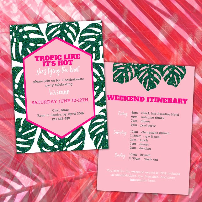 Tropiskt Rosa Destination Bachelorette Helg Inbjudningar (tropical bachelorette weekend itinerary tropic like its' hot she's tying the knot pink glitter monst)