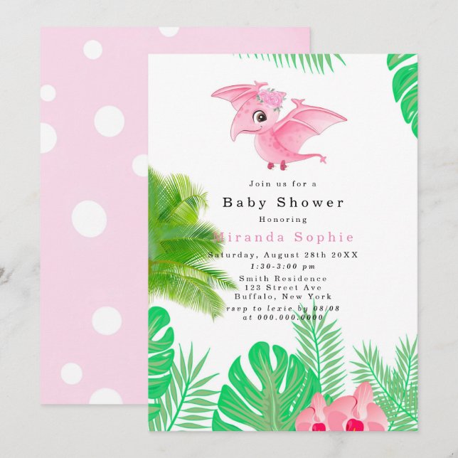 Tropiskt Rosa Dinosaur Cute Girl Baby Shower Inbjudningar (Fram/baksida)
