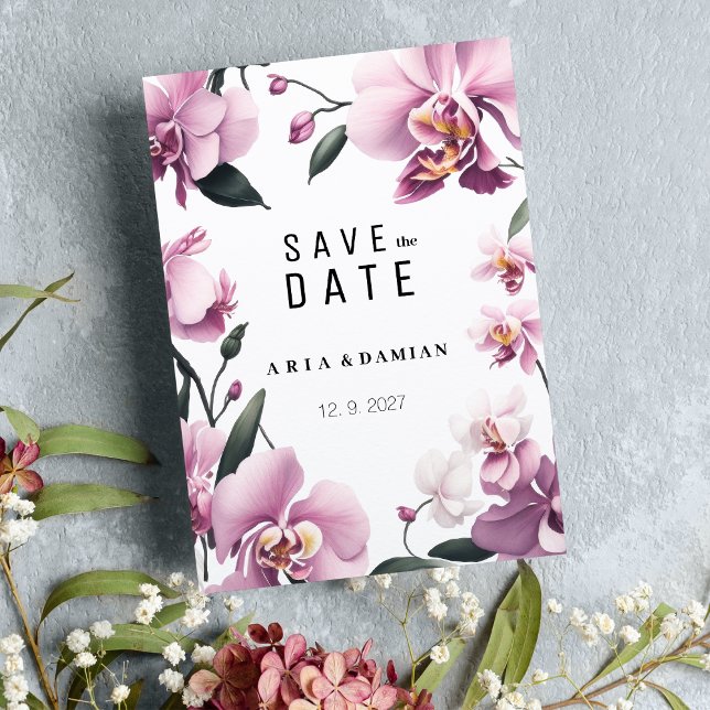 Tropiskt rosa elegant eller blommigt Spara datum Inbjudningar (Tropical pink elegant orchid floral Save the Date)