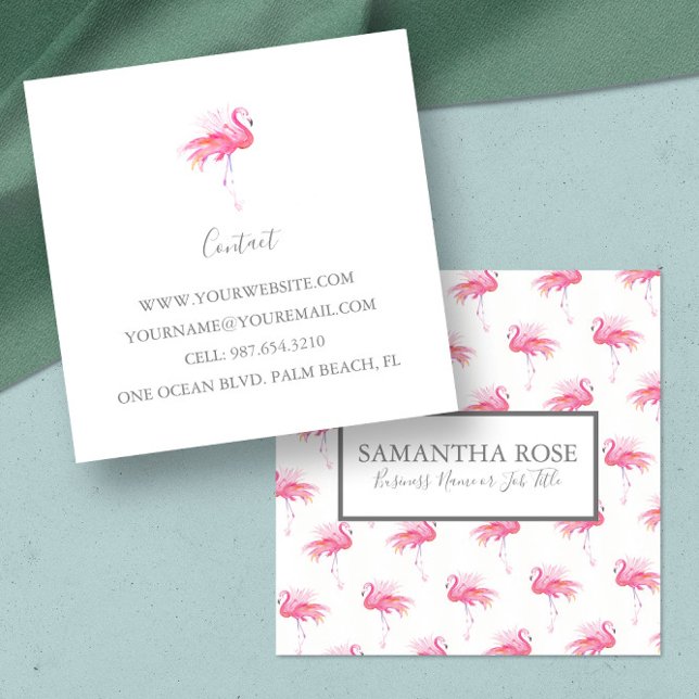 Tropiskt Rosa Flamingo-Affärskort Fyrkantigt Visitkort (Pink flamingo business cards tropical pink watercolor art by Victoria Grigaliunas Do Tell A Belle)