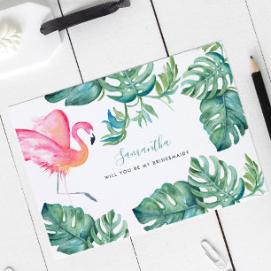 Tropiskt Rosa Flamingo Bridesmaid-kort för vattenf Julkort
