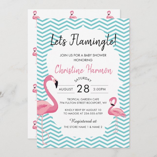 Tropiskt Rosa Flamingo Chevrons Beach Baby Shower Inbjudningar (Fram/baksida)