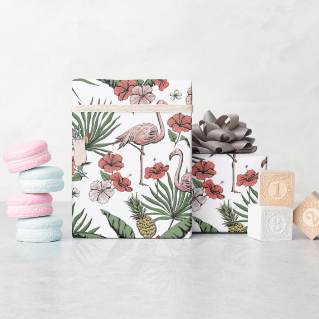 Tropiskt Rosa Flamingo Coral Blommönster Presentpapper (Baby Shower)