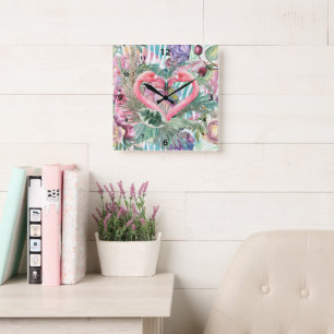 Tropiskt Rosa Flamingo Hjärta Abstrakt Skiktad Kon Fyrkantig Klocka