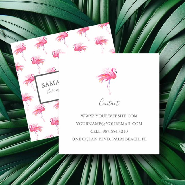 Tropiskt Rosa Flamingo Pattern Fyrkantigt Visitkort (tropical girly business cards feature watercolor pink flamingo art by Victoria Grigaliunas)