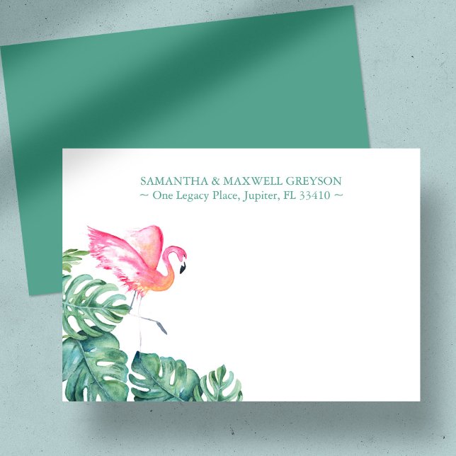 Tropiskt Rosa Flamingo Personlig Stationery Anteckningskort (Custom note cards tropical watercolor pink flamingo and palm leaves art by Victoria Grigaliunas)
