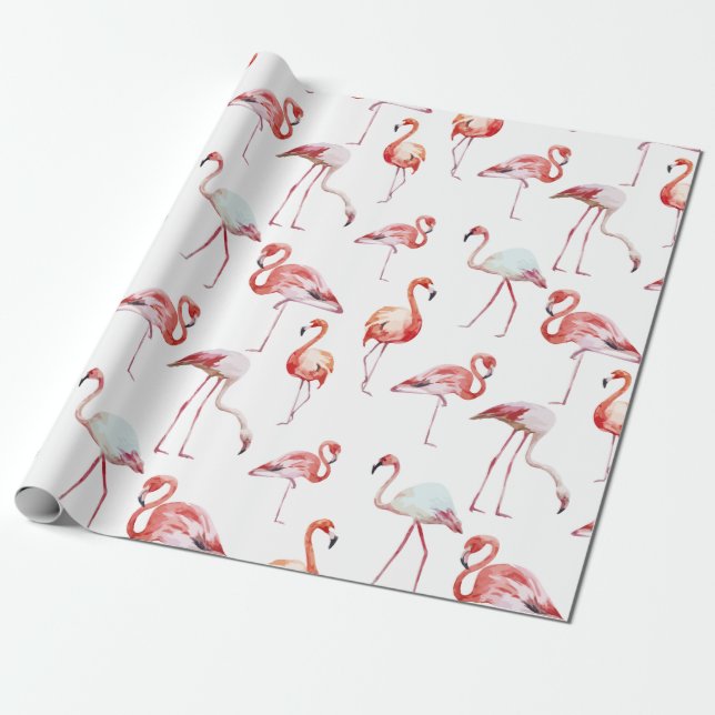 Tropiskt Rosa Flamingo Watercolor Presentpapper (Utrullad)