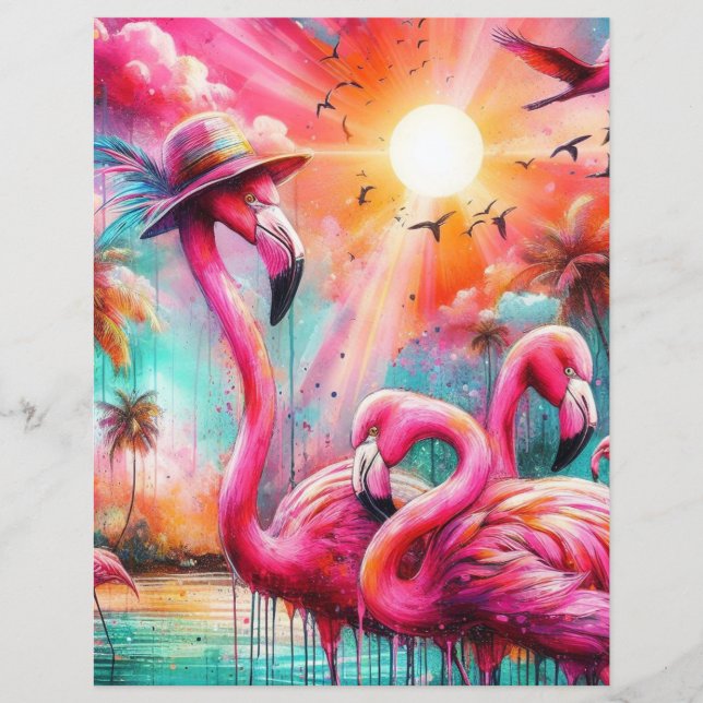 Tropiskt Rosa Flamingos Sunset Scrapbook Papper (Framsida)