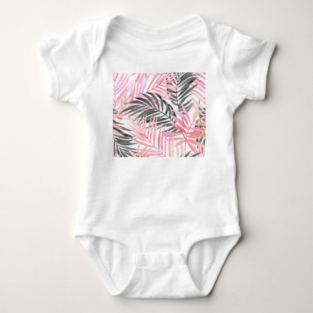 Tropiskt Rosa Grönt Löv Vattenfärg T Shirt (Framsida)