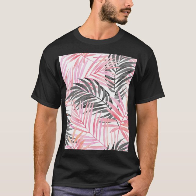 Tropiskt Rosa Grönt Löv Vattenfärg T Shirt (Framsida)