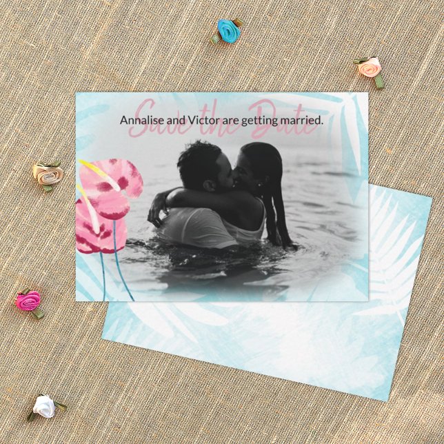 Tropiskt Rosa GumDrop Flowers Spara-the-date Card Rådkort (turquoise and pink tropical wedding save the date card, pink gumdrop flowers, hawaiian theme)