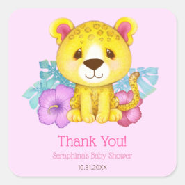 Tropiskt Rosa Leopard Baby Shower Tack Fyrkantigt Klistermärke