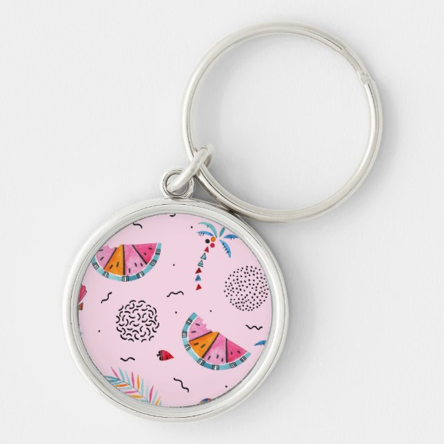 Tropiskt rosa Memphis stilmönster Rund Silverfärgad Nyckelring (Framsidan)
