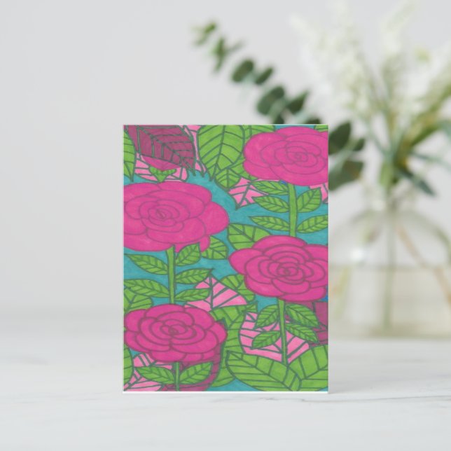 Tropiskt rosa och Grönt-blommor Vykort (Stående Fram)