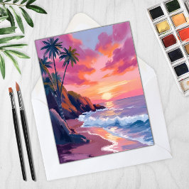 Tropiskt Rosa Sunset Ocean Watercolor Card