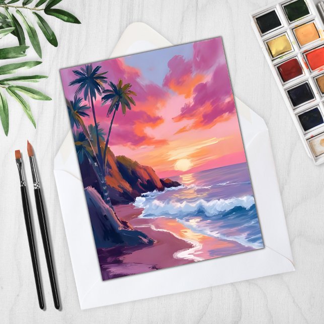 Tropiskt Rosa Sunset Ocean Watercolor Card (Skapare uppladdad)