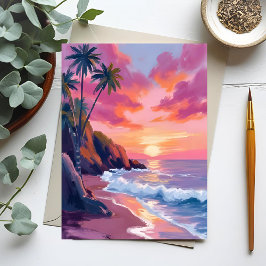 Tropiskt Rosa Sunset Ocean Watercolor Vykort