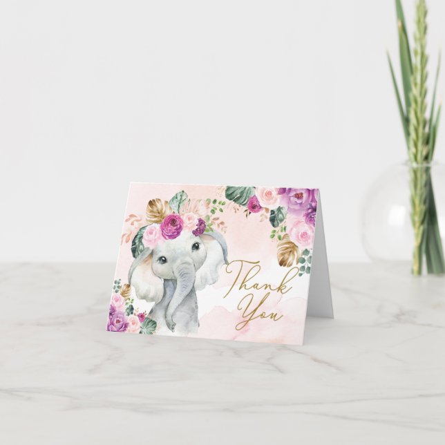 Tropiskt Rosa Violet Elephant Baby Shower Birthday Tack Kort (Framsida)