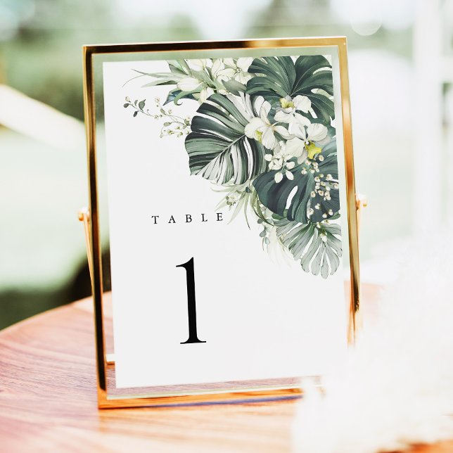 Tropiskt Sagegrönt Monstera Bröllopsbord Nummer (Tropical Monstera Table Number, Sage Green Beach Wedding Reception, destination gold frame decor)