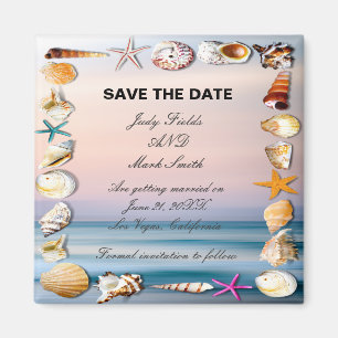 Tropiskt Sandy Beach och Seashells sparar datumet Magnet