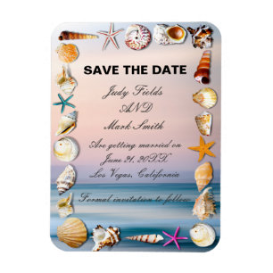 Tropiskt Sandy Beach och Seashells sparar datumet Magnet