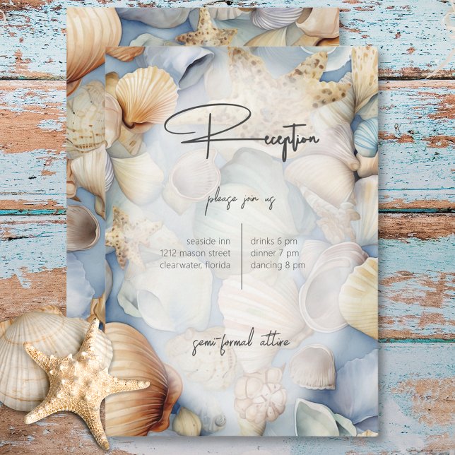 Tropiskt sediment Modern bröllopsmottagning Tilläggskort (Tropical Seashells Scene Modern Wedding Reception Enclosure Card)